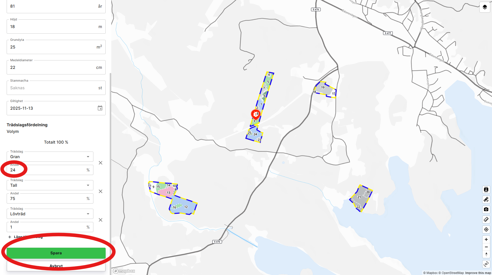 Efter att ha justerat värdena så att trädslagsfördelningen är 100% så kan ändringarna sparas.