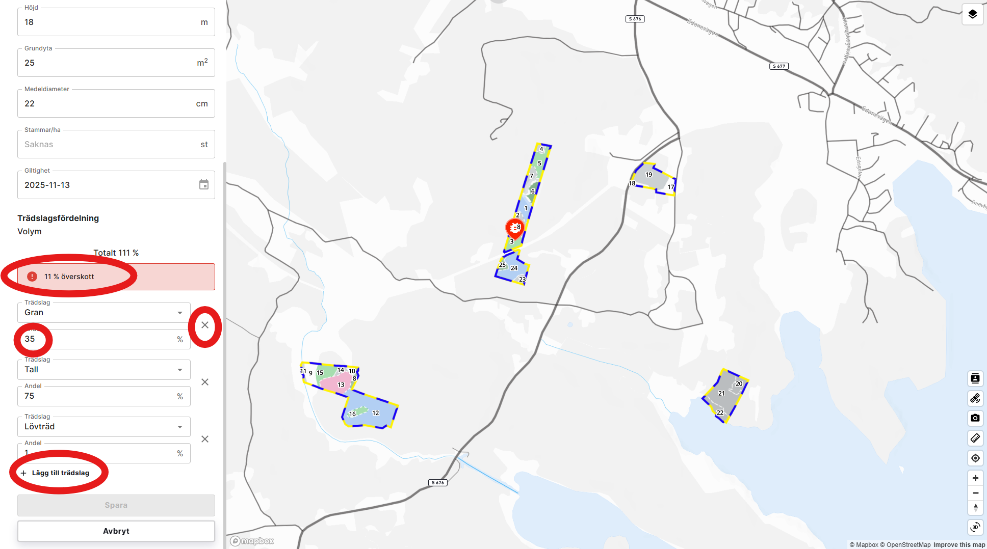 Justera, ta bort eller lägg till trädslag. Skogshubben hjälper dig att se till att trädslagsfördelningen alltid är 100%