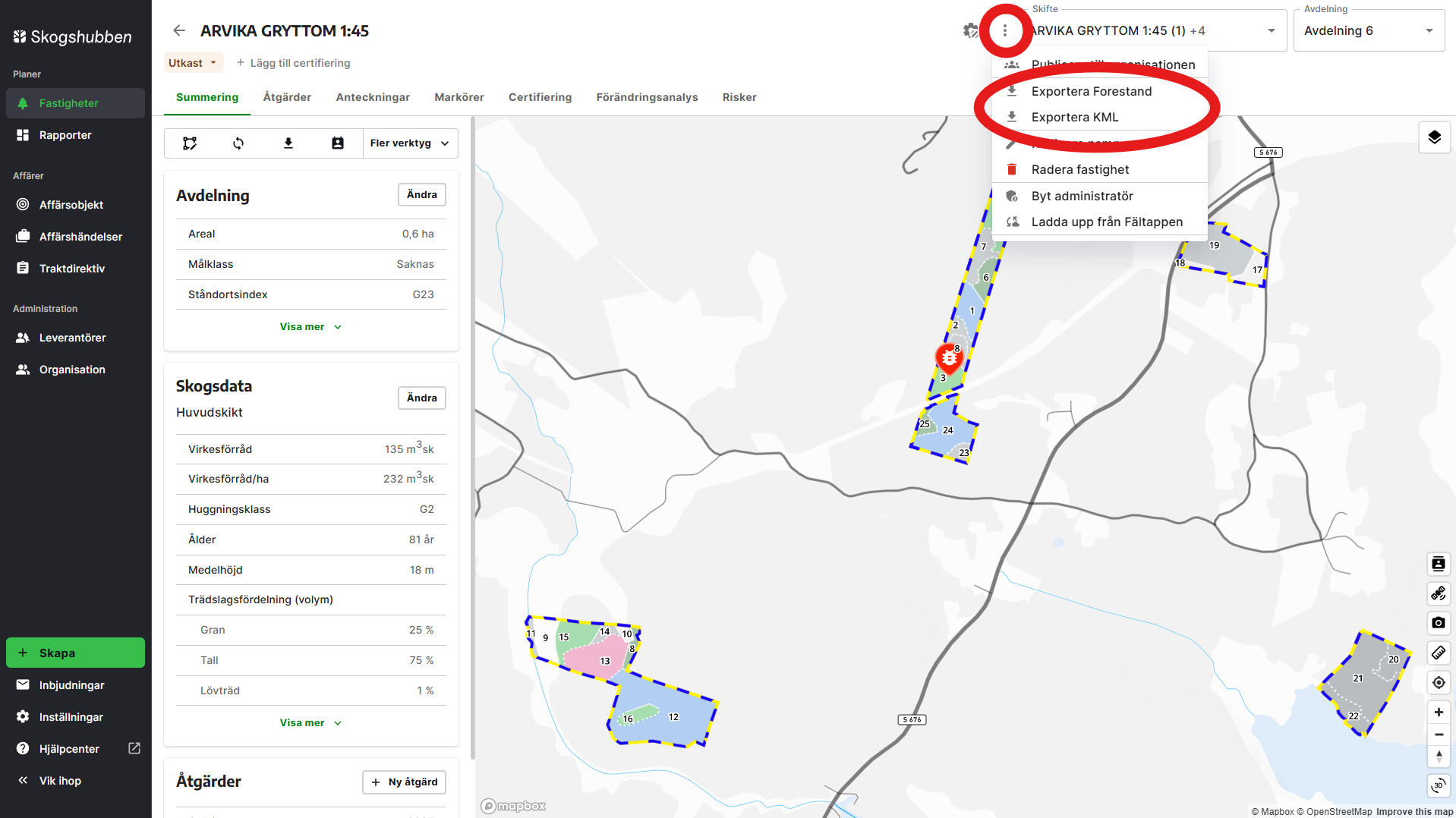 Välj en fastighet/plan och klicka på de tre prickarna uppe till höger för att exportera till Forestand eller KML format.