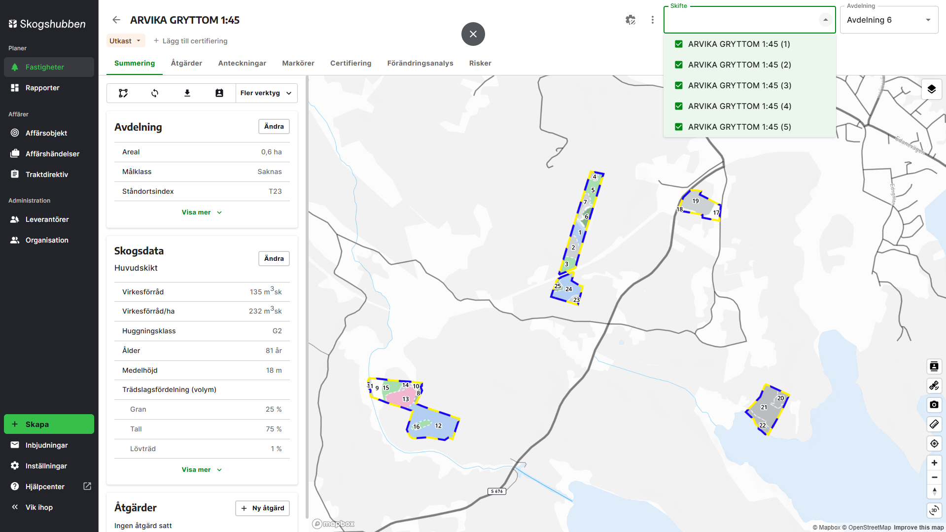 I detta exempel är alla skiften valda och syns i kartan