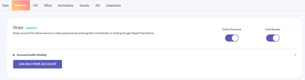 Settings > Payments, with the Stripe Card Reader switch turned on