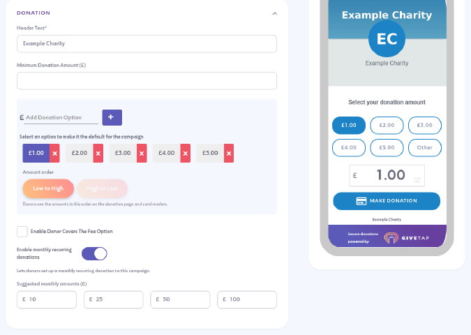 The Donation section with Enable monthly recurring donations switched on and the four suggested monthly amounts