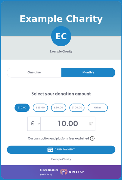Donation page with the One-time and Monthly switch, showing monthly amounts