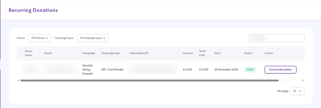 Recurring Donations page with filters and one active monthly donation