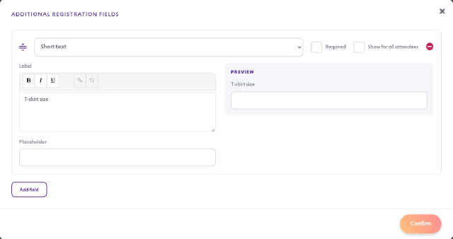 Additional Registration Fields window with a Short text field labelled T-shirt size