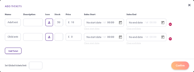 Add Tickets window with two ticket rows and the Set Global tickets limit box