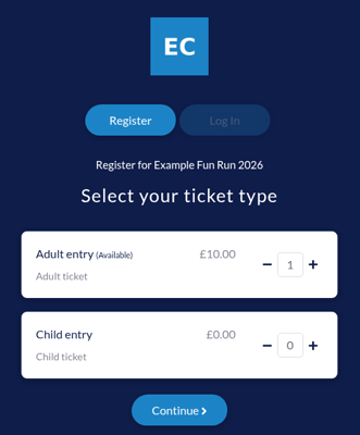 Select your ticket type page with Adult entry and Child entry