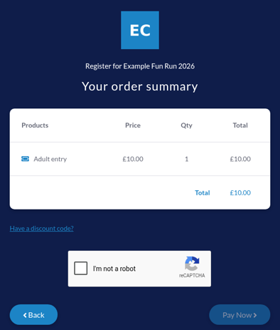 Your order summary page with Have a discount code? and Pay Now