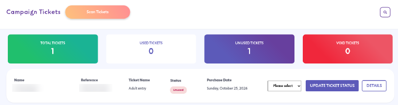 Campaign Tickets page with Total, Used, Unused and Void tiles and a ticket row with Update Ticket Status and Details