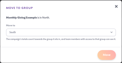 The Move to group window, moving a campaign from North to South