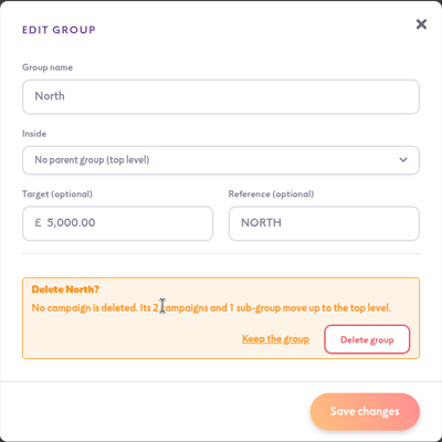 The Edit group window asking you to confirm deleting the North group