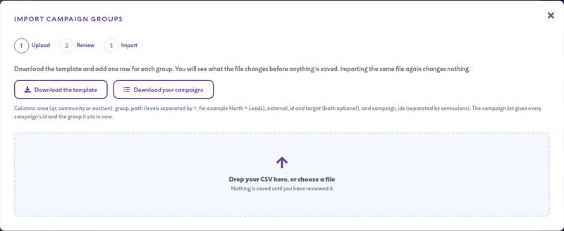 The Import campaign groups window with the Download the template and Download your campaigns buttons