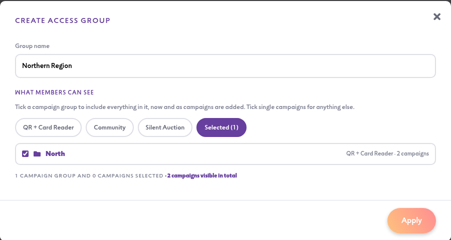 The Selected view showing one campaign group ticked