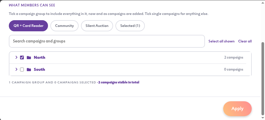 The Create access group window, with campaign groups and campaigns to tick