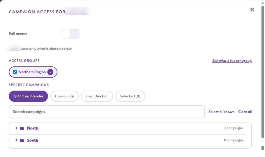 The Campaign access window with Full access turned off and an access group ticked