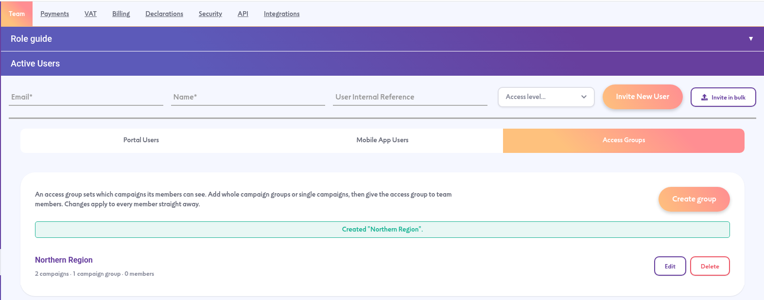 The Access Groups tab with an access group showing its campaigns, campaign groups and members