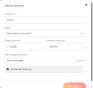 The Create group window with a group name, a target, a reference and two campaigns ticked
