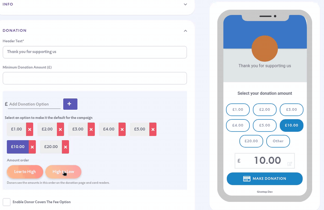 Animation: clicking High to Low under Amount order reorders the amounts in the phone preview, then clicking Low to High puts them back