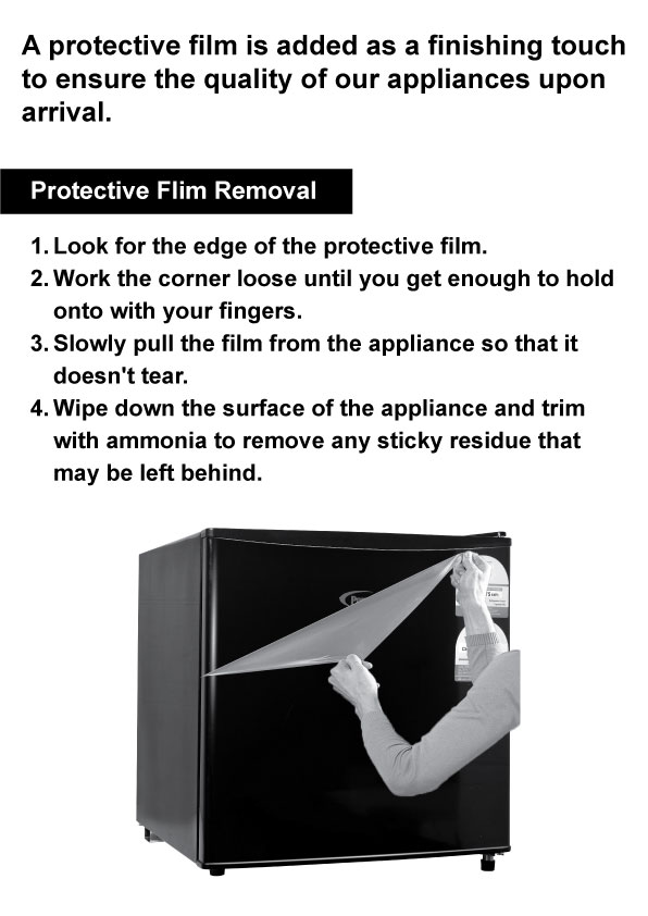 A layer of protective plastic film on the surface of the fridge/freezer