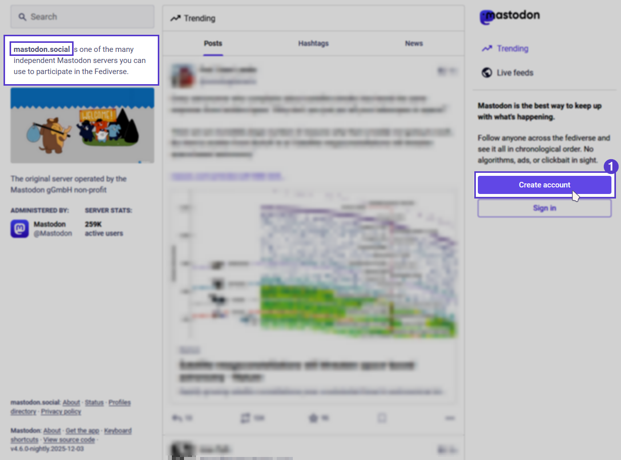 [Mastodon.social](http://Mastodon.social)’s homepage highlighting the name of the sever and the create account button. 