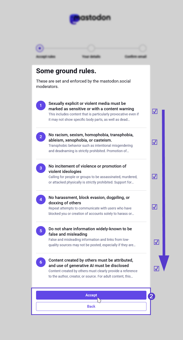 List of server rules with the options to either “Accept” or “Back” and Accept is highlighted.