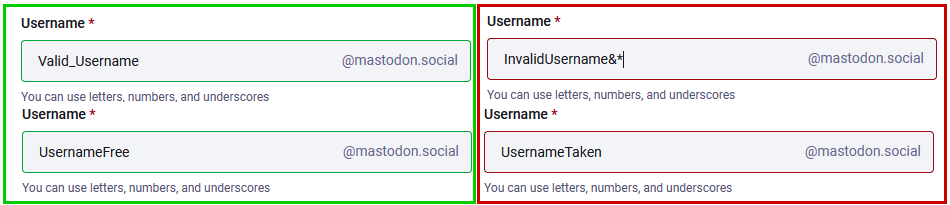 The “Username” field in 4 separate occasions, where available and valid usernames are have green border around them and taken and invalid usernames have a red border around them.