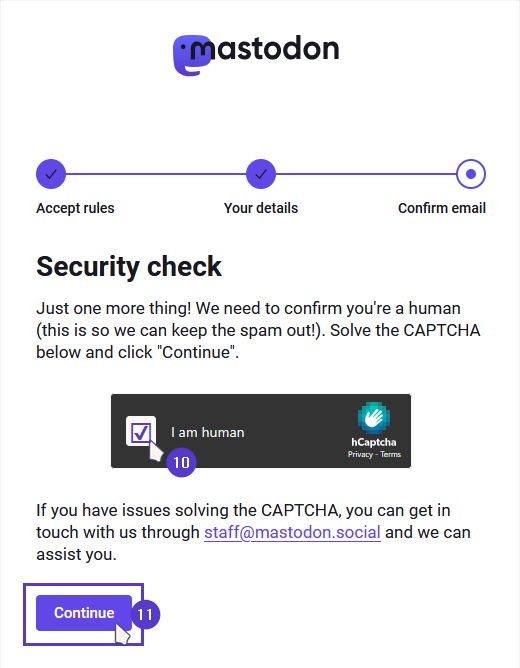 A filled out captcha and a continue button.