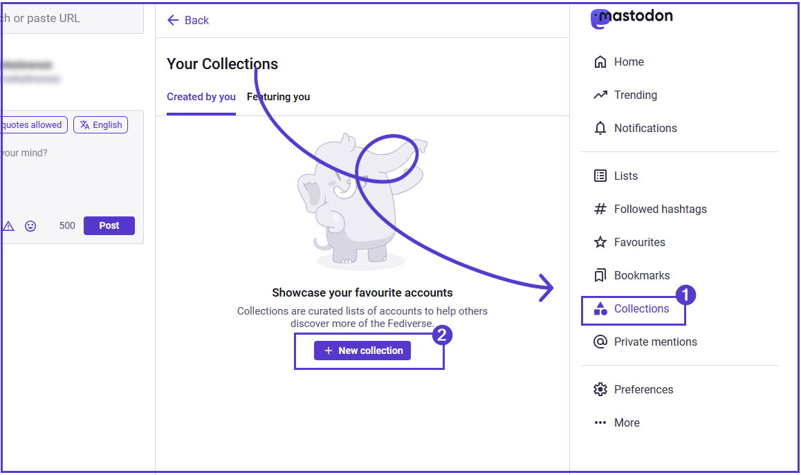 Screenshot of a profile, in the featured tab, with a an arrow pointing towards the +New collection button