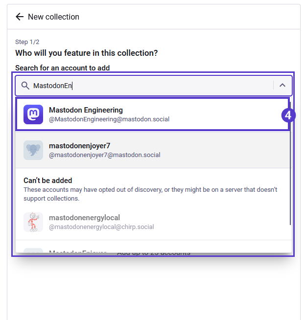 The search field, filled with a search requested and an account highlighted, and selected to be added to a collection.