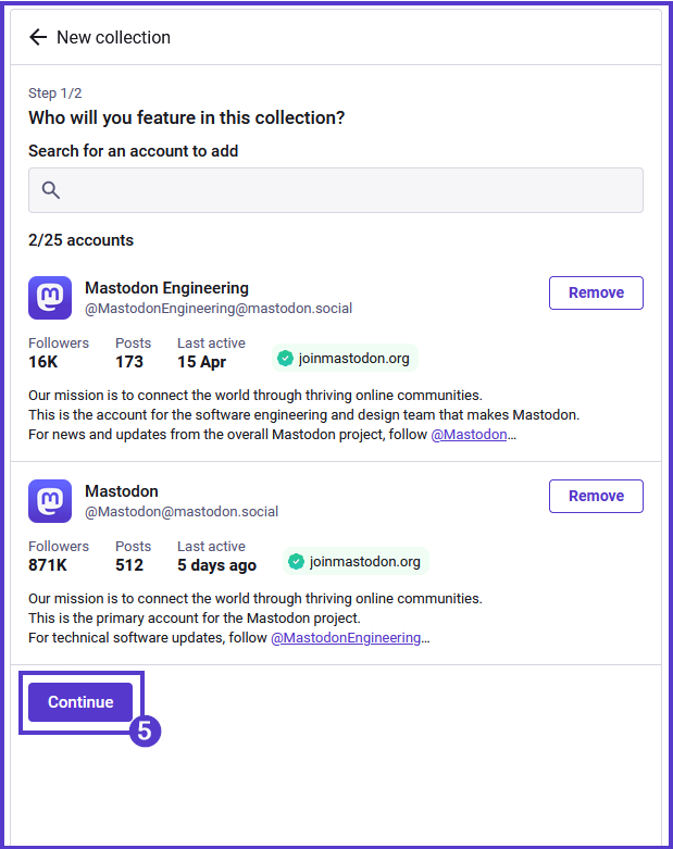 A collection with 2 accounts, the Continue button is highlighted proceeding to go to the next step.