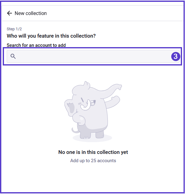 The Collections page, highlighting the search field used to find accounts to add to collections. 