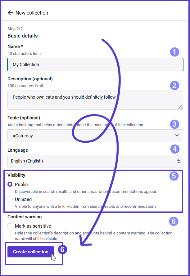 Collections information page, ready with a name already added, as well as a description, a hashtag topic, language, visibility settings, and sensitivity warning. The create collection button is to finalise the collection.
