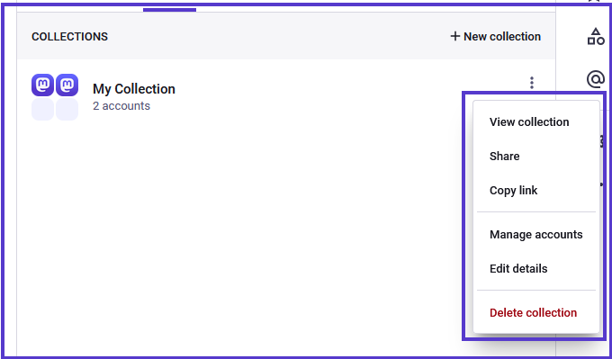 The options provided by the 3-dot menu, to view, share, copy link, manage accounts, edit details, and delete the collection. 