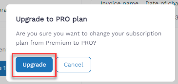 Screenshot of the subscription change confirmation pop-up.