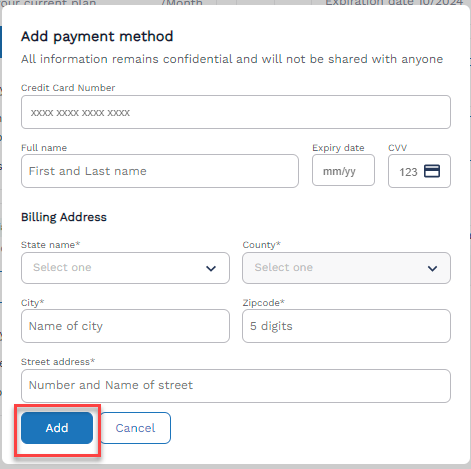 Screenshot of the Payment Method addition screen.