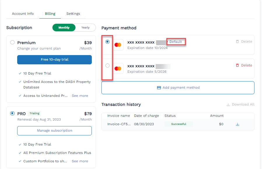 Screenshot of the Payment Method screen with the Default Payment Method radio button highlighted. Change the radio button to change which payment method is the default.