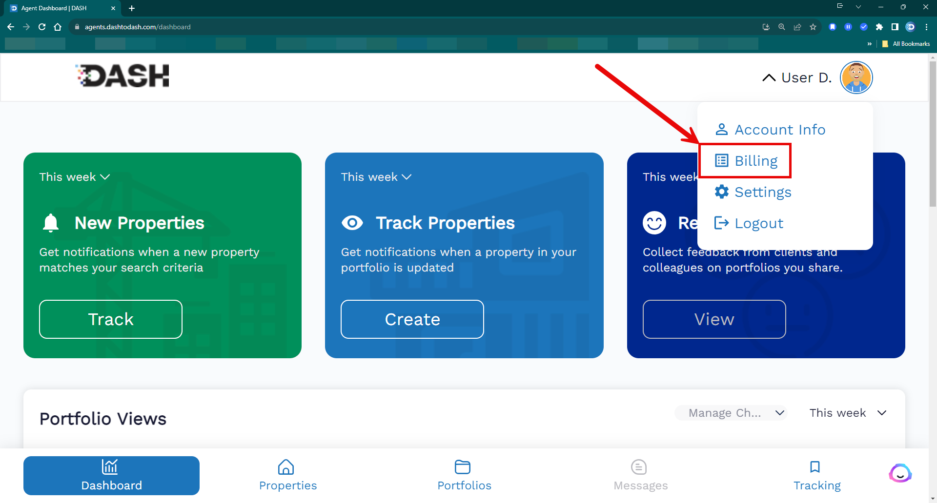 Screenshot of the Billing link in the Account menu which takes you to your billing settings.