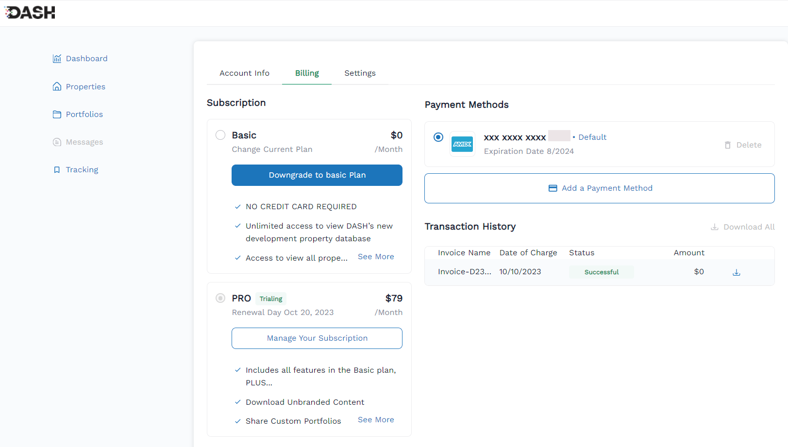 Screenshot of the subscription and billing management page. Access these settings through the Billing link in the account menu.