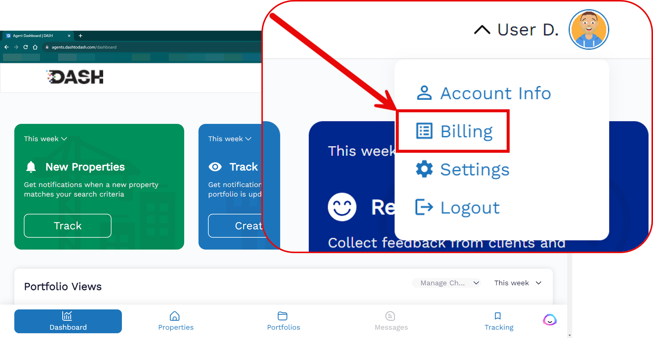 Screenshot of the Billing link in the Account menu which takes you to your billing settings.