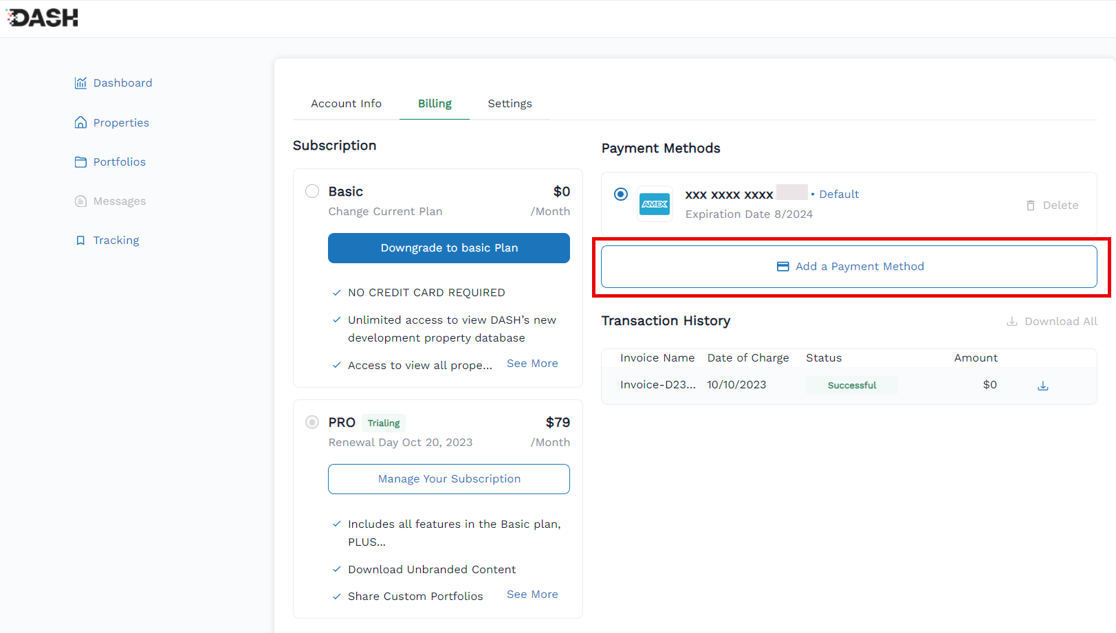 Screenshot of the Payment Method screen where you can change your payment method by adding a new one.