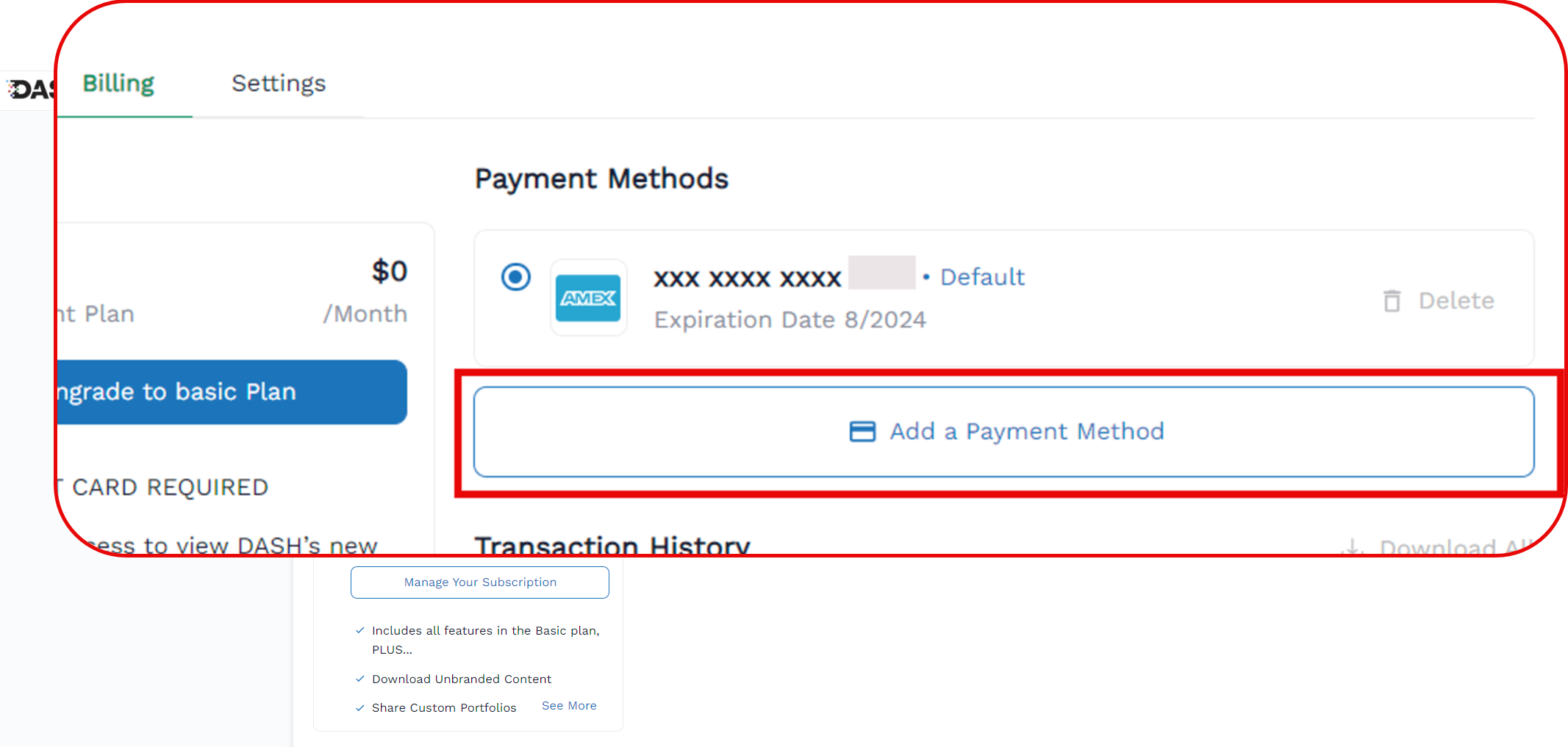 Magnified screenshot of the Payment Method screen where you can change your payment method by adding a new one.
