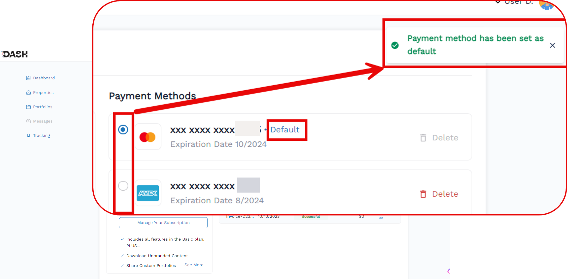 Magnified screenshot of the Payment Method screen with the Default Payment Method radio button highlighted. Change the radio button to change which payment method is the default.