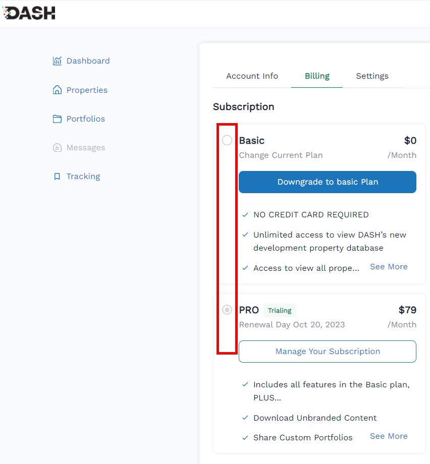 Screenshot of the DASH billing settings with the subscription radio buttons highlighted to show that changing which one is selected, will change your plan.