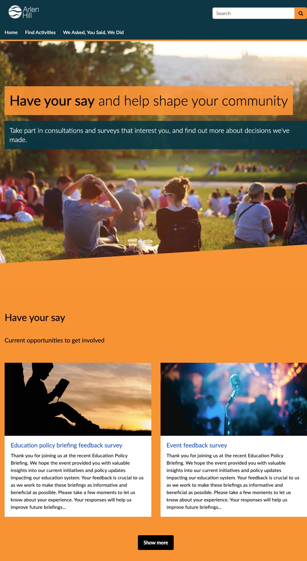 Example Citizen Space homepage with 2 open activities listed.