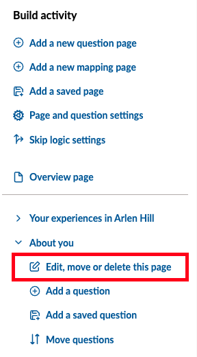 Survey navigation menu with a survey page sub-menu opened with the option to edit, more or delete this page circled.