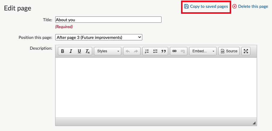 Survey page with the link to 'copy to saved pages' highlighted.