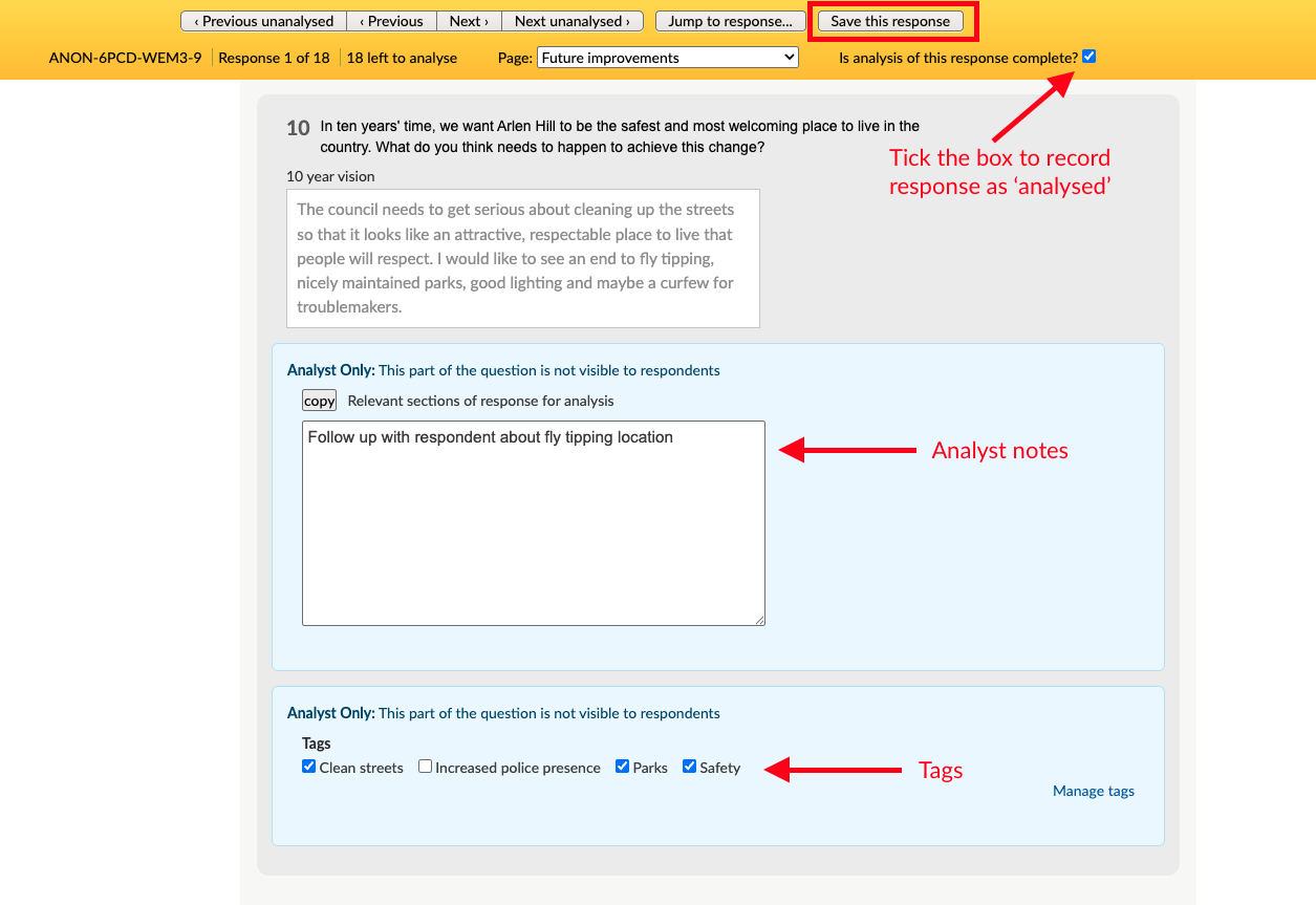 Analyse responses screen with analyst notes and tags added and analysis checkbox ticked as complete.