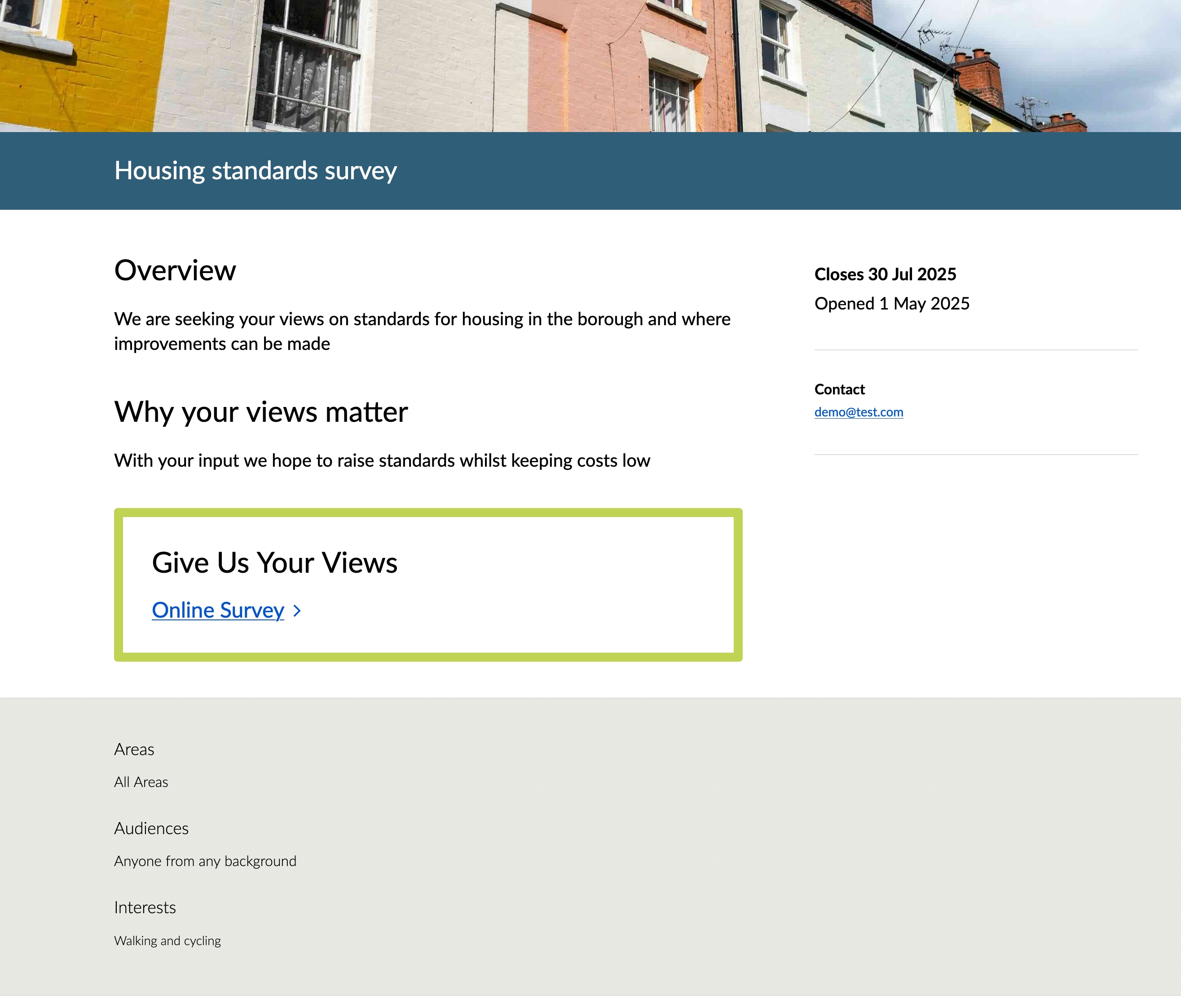 Activity overview with information on what the survey is about, why they are consulting, including open and close dates with contact information.