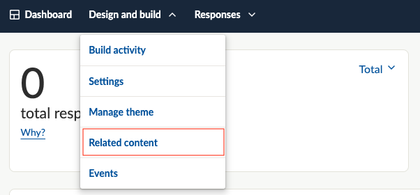Screenshot of the Citizen Space dashboard, with the 'Design and build' drop down menu open and 'Related content' link highlighted