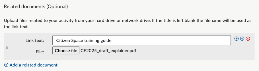 Related documents section of the Related content page, with a demo file added